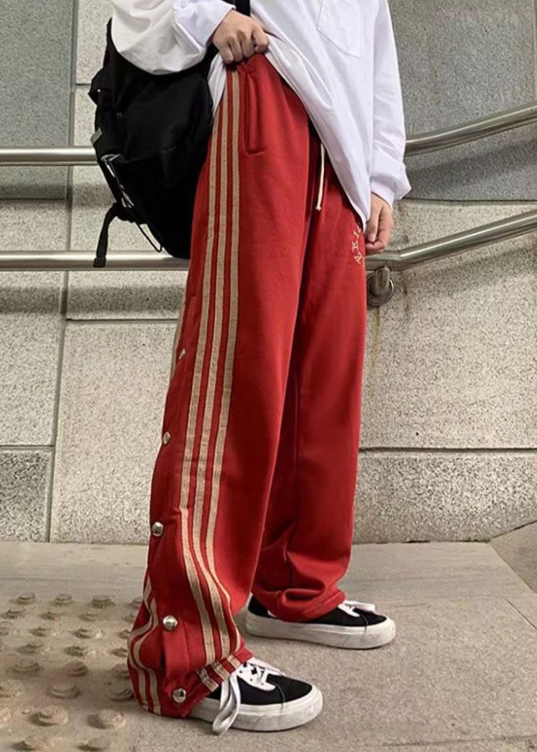 Stylish Red Pockets Striped Patchwork Side Open Cotton Pants Fall