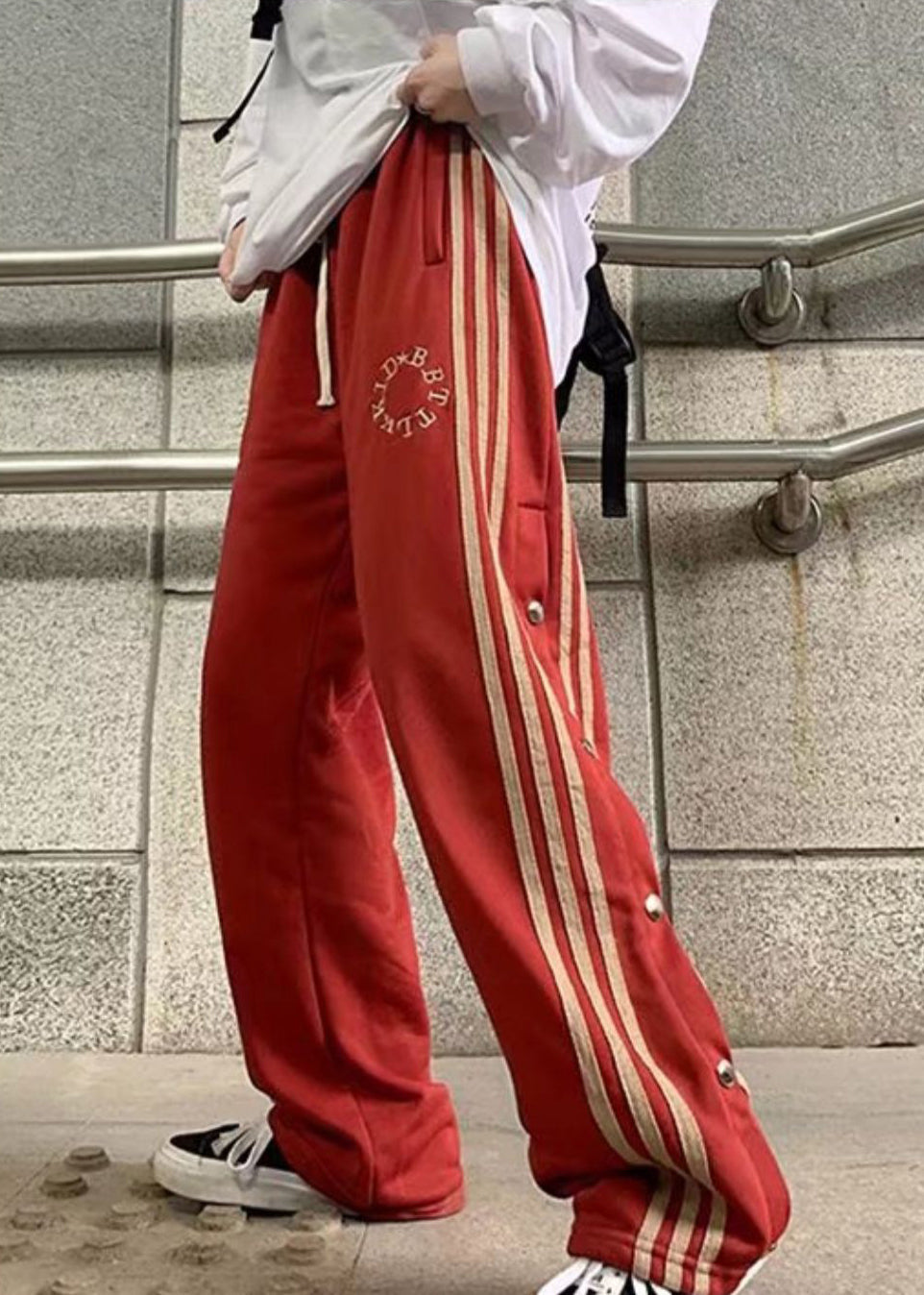 Stylish Red Pockets Striped Patchwork Side Open Cotton Pants Fall