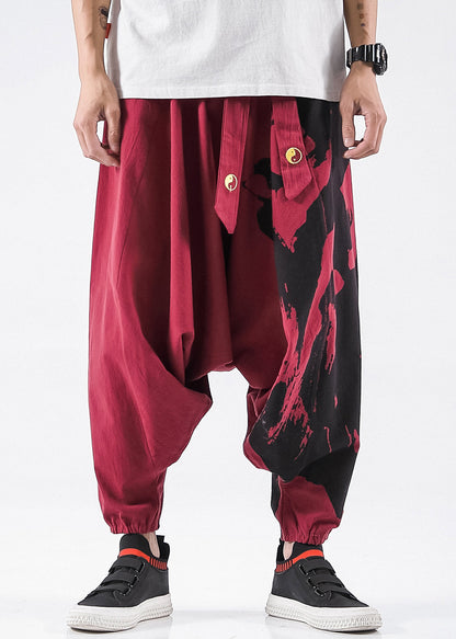 Stylish Red Print Pockets Cotton Harem Pants Summer