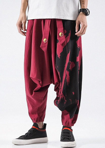 Stylish Red Print Pockets Cotton Harem Pants Summer