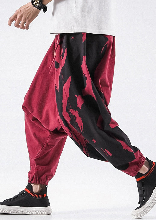 Stylish Red Print Pockets Cotton Harem Pants Summer