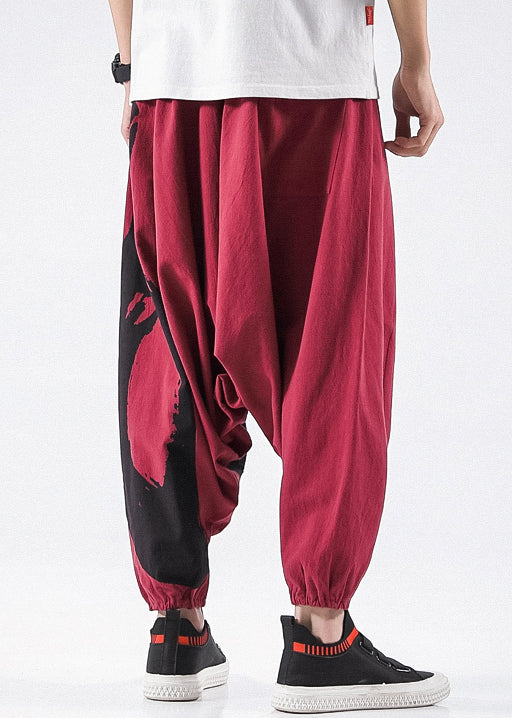 Stylish Red Print Pockets Cotton Harem Pants Summer