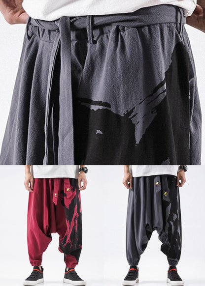 Stylish Red Print Pockets Cotton Harem Pants Summer