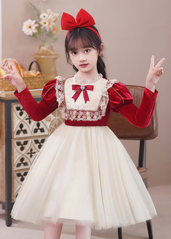 Stylish Red Ruffled Tulle Patchwork Warm Fleece Kids Dress Winter