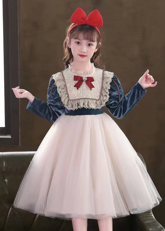 Stylish Red Ruffled Tulle Patchwork Warm Fleece Kids Dress Winter