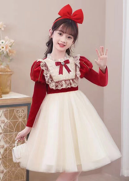 Stylish Red Ruffled Tulle Patchwork Warm Fleece Kids Dress Winter