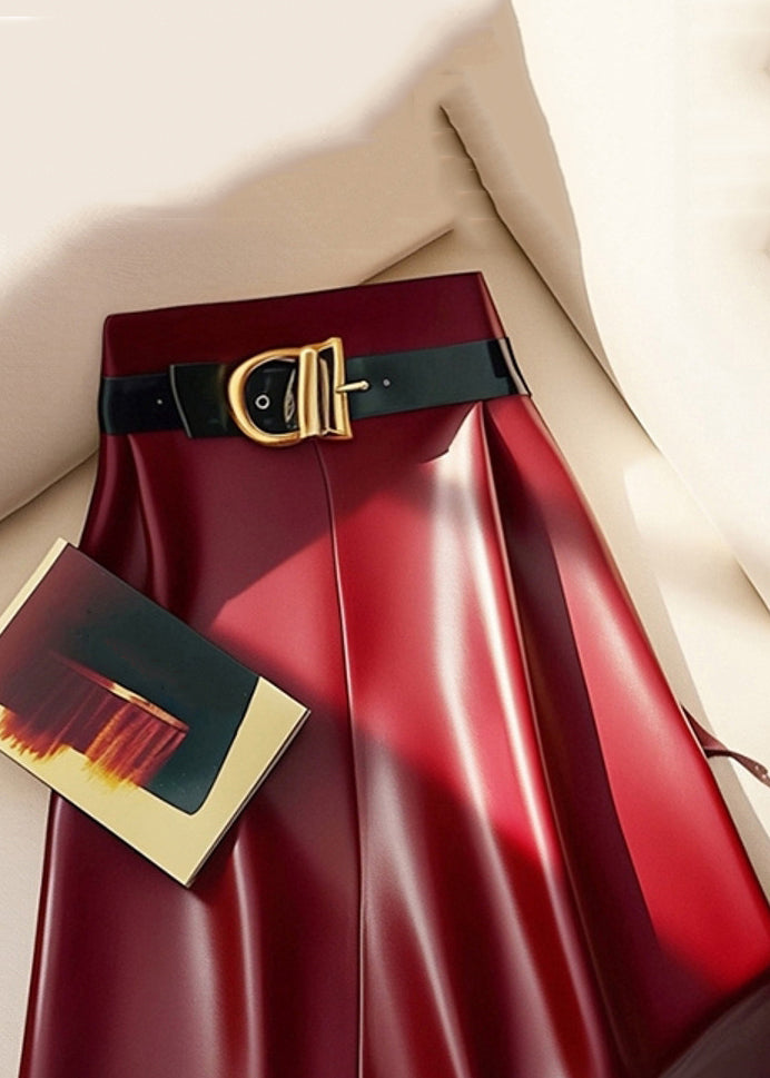Stylish Red Sashes High Waist Faux Leather Skirts Winter
