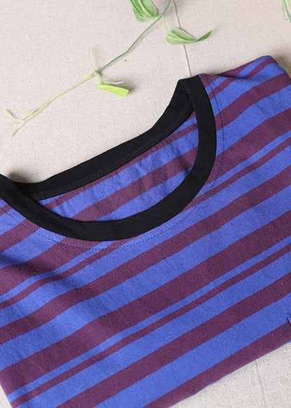 Stylish Red Striped O-neck Cotton Summer Tops