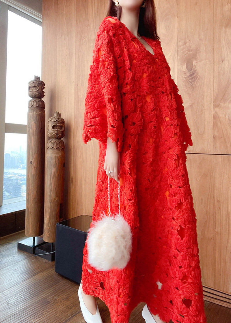 Stylish Red V Neck Hollow Out Lace Long Dress Flare Sleeve