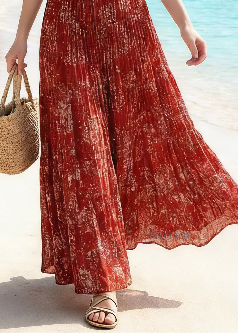 Stylish Red Wrinkled Print Chiffon Skirts Summer
