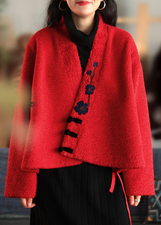 Stylish Red Button Embroideried Woolen Coats Spring