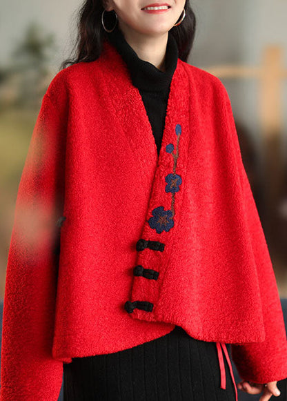 Stylish Red Button Embroideried Woolen Coats Spring