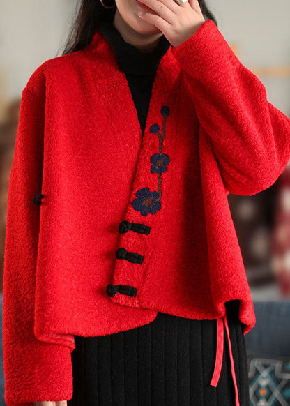 Stylish Red Button Embroideried Woolen Coats Spring
