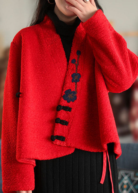 Stylish Red Button Embroideried Woolen Coats Spring