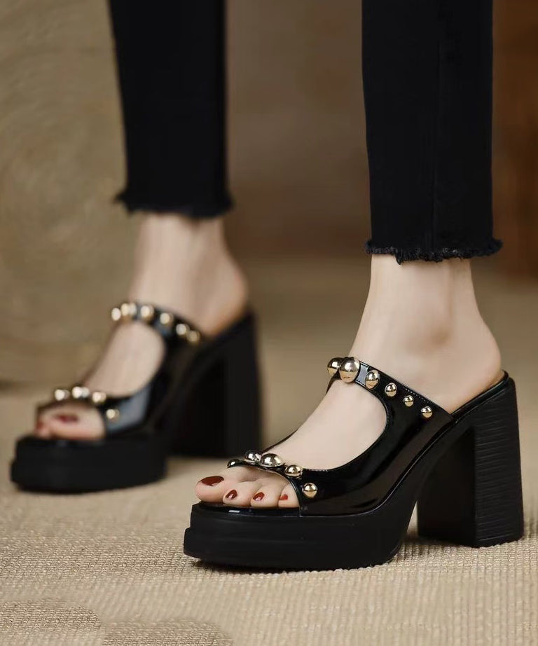 Stylish Rivet Splicing Chunky Heel Black Cowhide Leather Slide Sandals