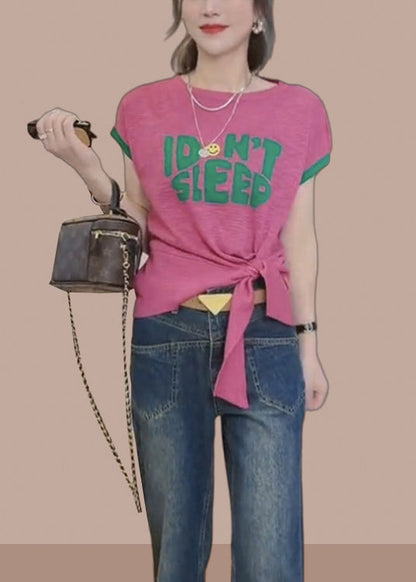 Stylish Rose O-neck Tie a Knot Ice Silk T Shirts Summer