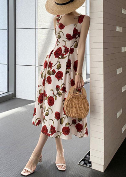 Stylish Roses Print High Waist Cotton Spaghetti Strap Dress Sleeveless
