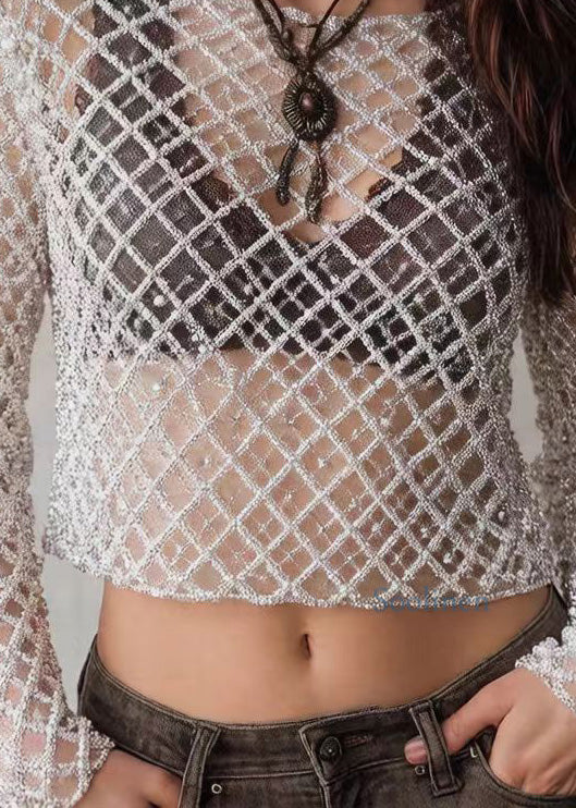 Stylish Silver O Neck Nail Bead Sequins Short Top Spring
