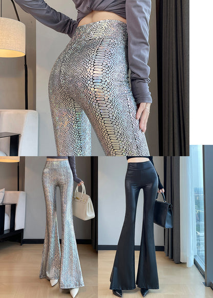 Stylish Silvery Serpentine Tummy Control Flared Trousers Spring