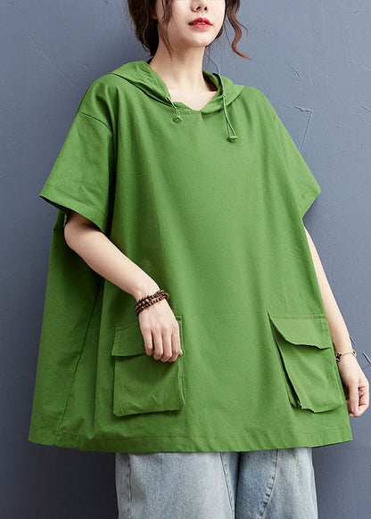 Stylish Green Drawstring Hooded Pockets Cotton Loose Sweatshirt Tops Short Sleeve