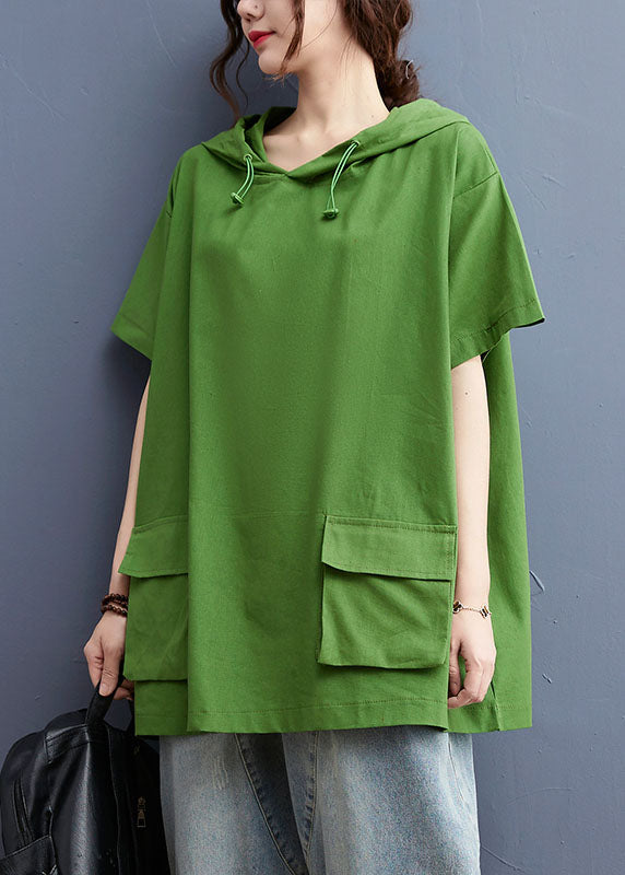 Stylish Green Drawstring Hooded Pockets Cotton Loose Sweatshirt Tops Short Sleeve