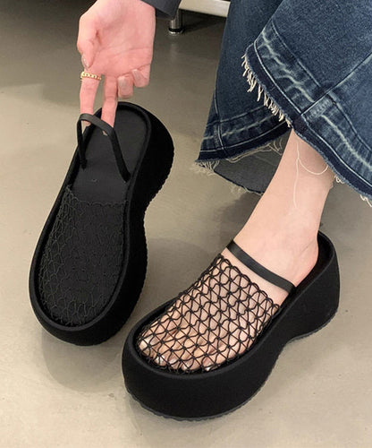 Stylish Splicing Platform Black Breathable Mesh Slide Sandals