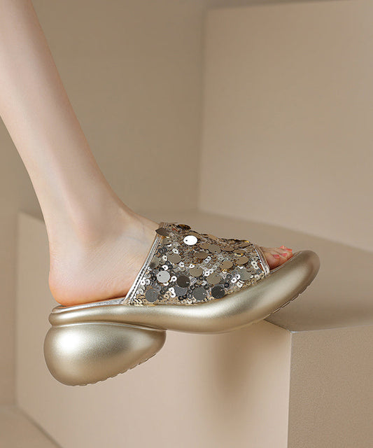 Stylish Splicing Platform Gold Sequins Slide Sandals Peep Toe