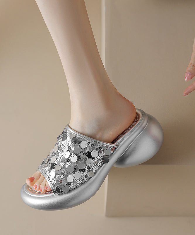 Stylish Splicing Platform Gold Sequins Slide Sandals Peep Toe
