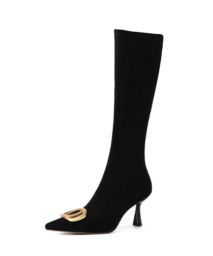 Stylish Splicing Stiletto Boots Black Suede Pointed Toe