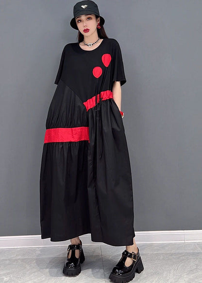 Stylish Black Drawstring Asymmetrical Patchwork Cotton Pleated Dresses Short Sleeve