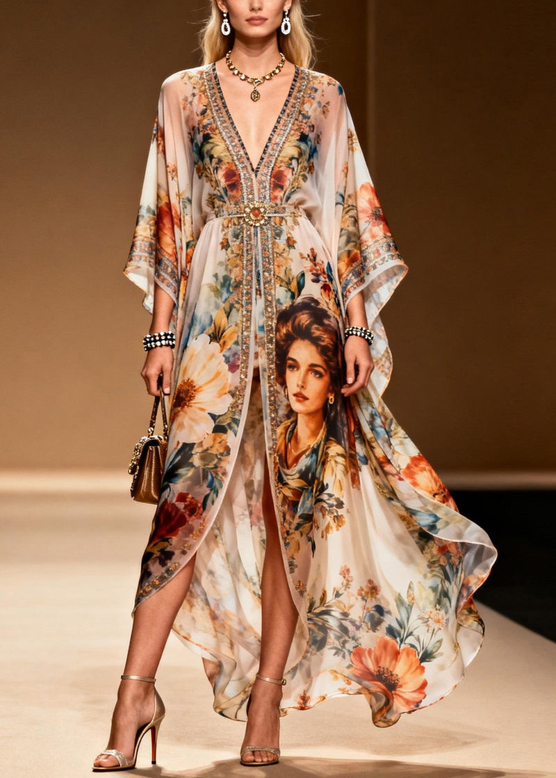 Stylish V Neck Asymmetrical Print Zircon Chiffon Dress Summer
