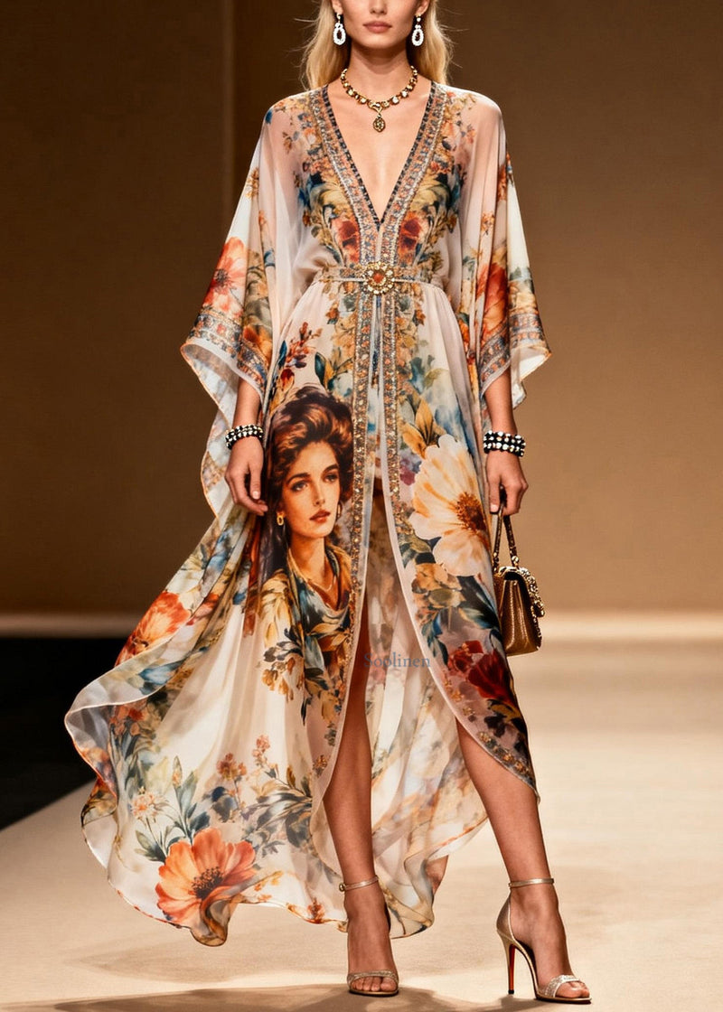 Stylish V Neck Asymmetrical Print Zircon Chiffon Dress Summer