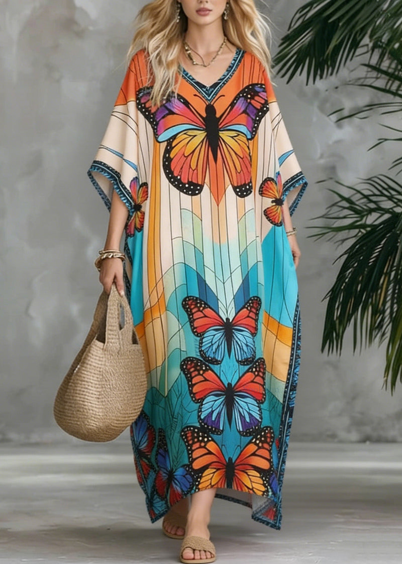 Stylish V Neck Butterfly Print Chiffon Maxi Dresses Summer