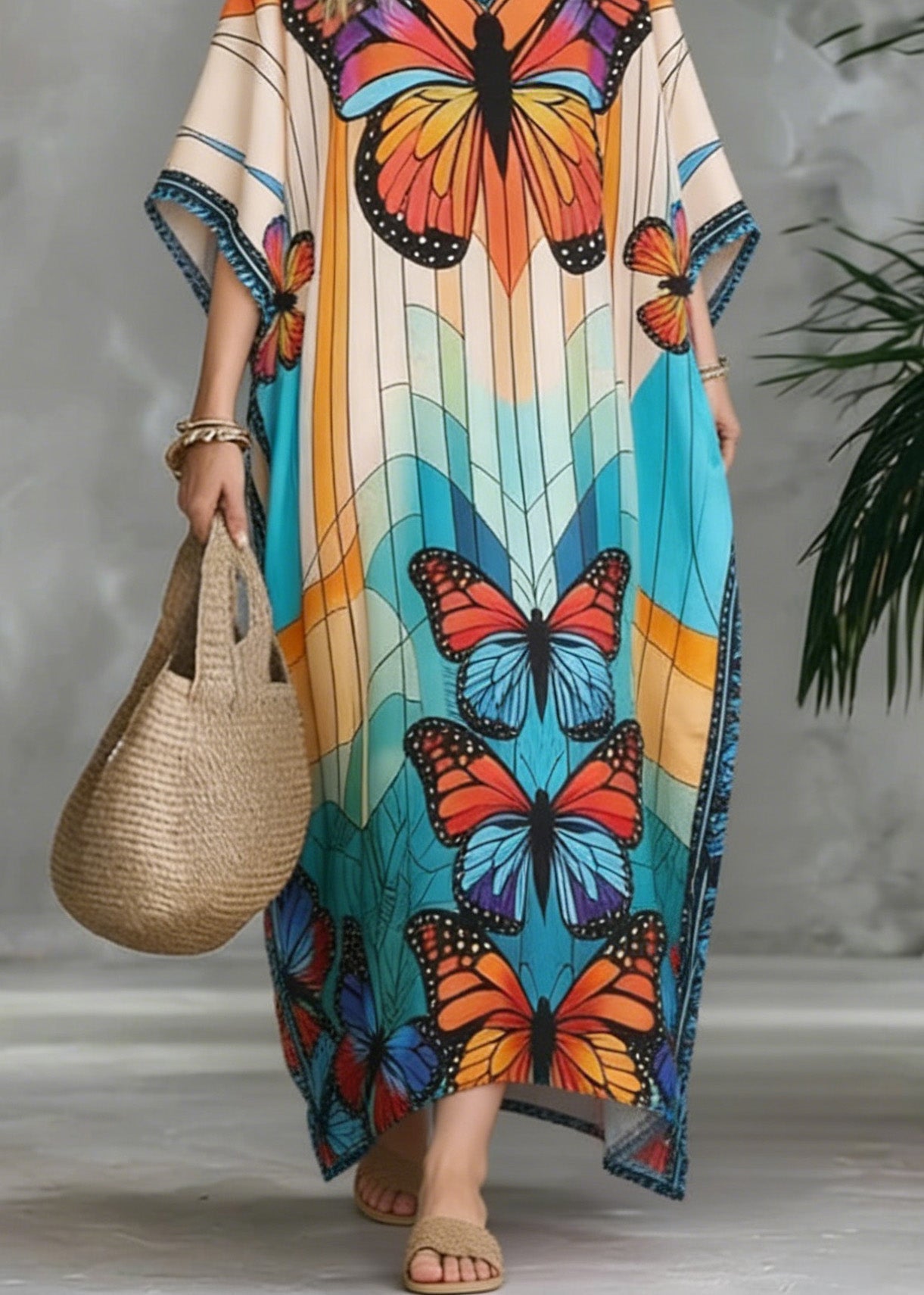 Stylish V Neck Butterfly Print Chiffon Maxi Dresses Summer