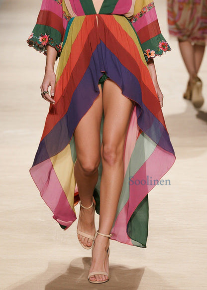 Stylish V Neck Low High Design Chiffon Dresses Summer