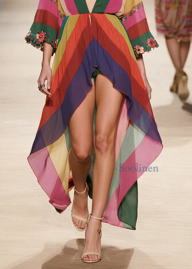 Stylish V Neck Low High Design Chiffon Dresses Summer