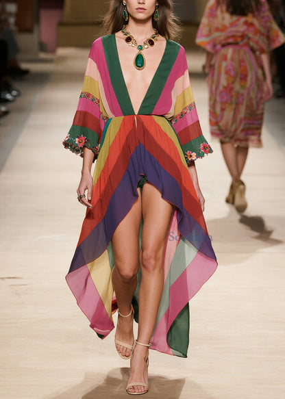 Stylish V Neck Low High Design Chiffon Dresses Summer