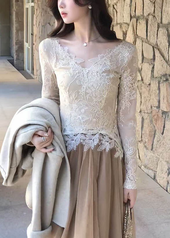 Stylish V Neck Hollow Out Lace T Shirt Top Spring