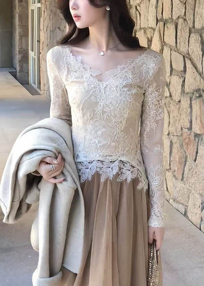 Stylish V Neck Hollow Out Lace T Shirt Top Spring
