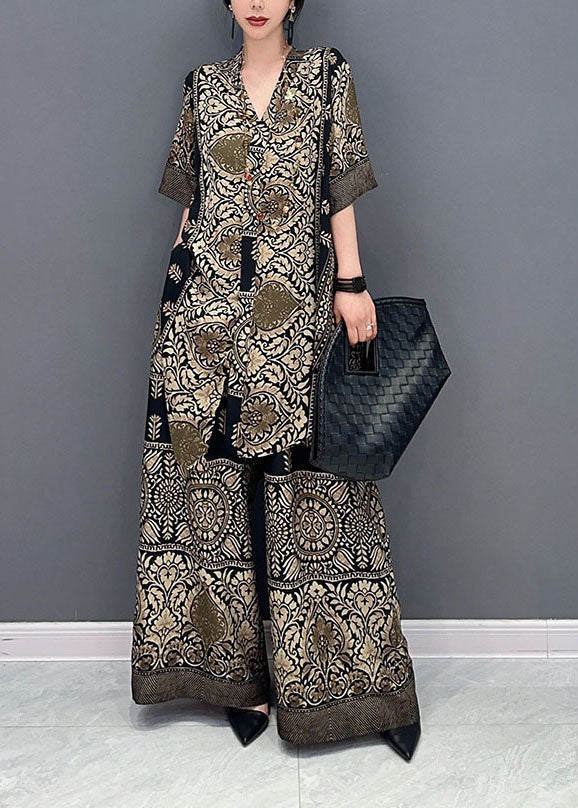 Stylish V Neck Oversized Print Tops and Pants Two Pieces Set Summer