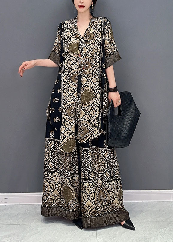 Stylish V Neck Oversized Print Tops and Pants Two Pieces Set Summer