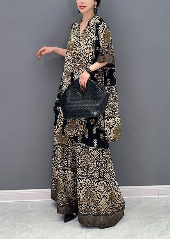 Stylish V Neck Oversized Print Tops and Pants Two Pieces Set Summer