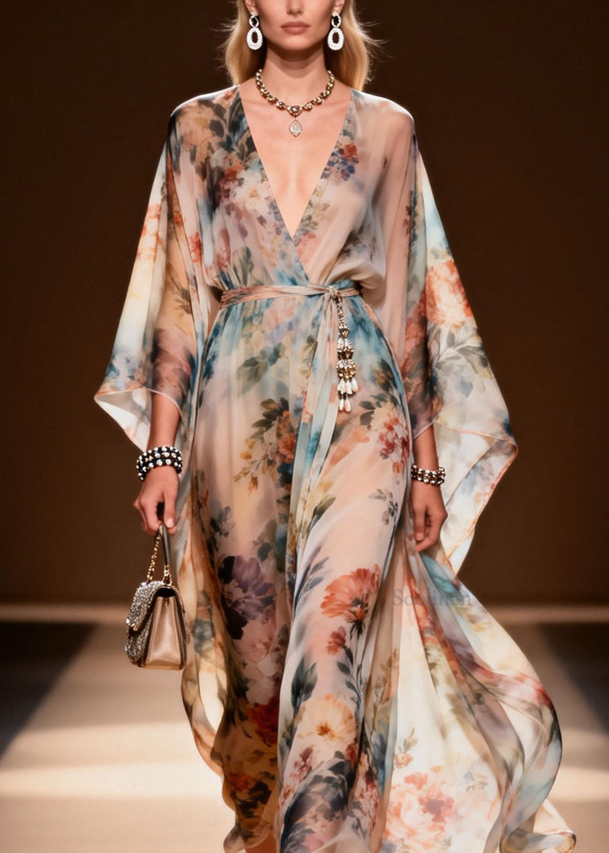 Stylish V Neck Print Loose Chiffon Maxi Dresses Spring