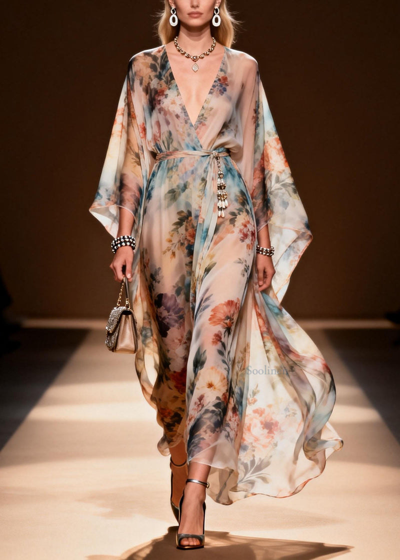 Stylish V Neck Print Loose Chiffon Maxi Dresses Spring