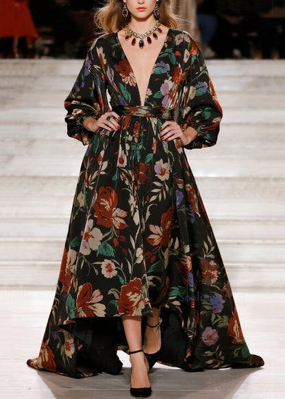 Stylish V Neck Print Loose Cotton Long Dress Spring