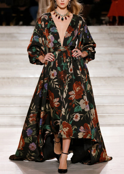 Stylish V Neck Print Loose Cotton Long Dress Spring