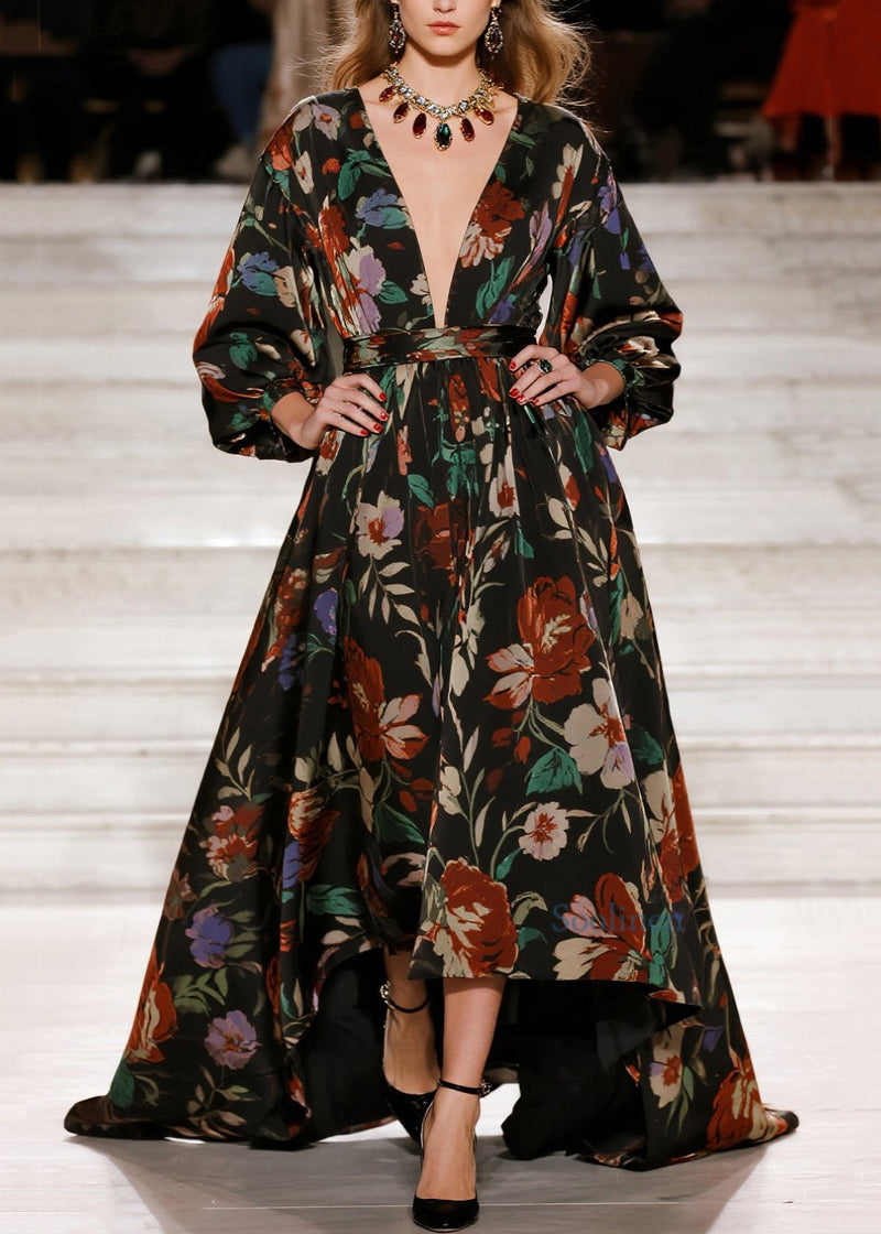 Stylish V Neck Print Loose Cotton Long Dress Spring