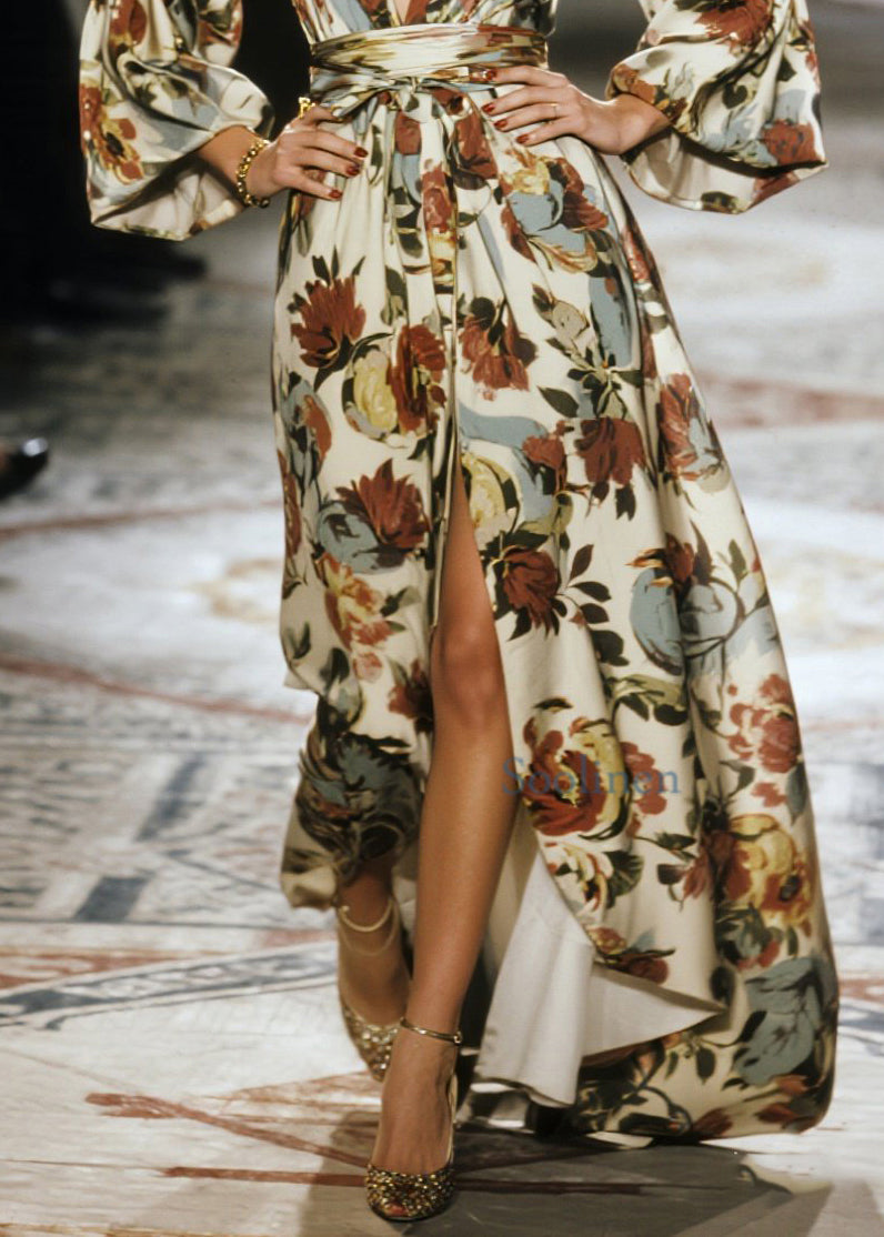 Stylish V Neck Print Side Open Cotton Long Dress Spring