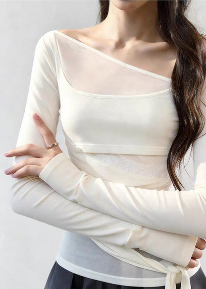 Stylish White Asymmetrical Lace Up Tulle Patchwork T Shirts Spring