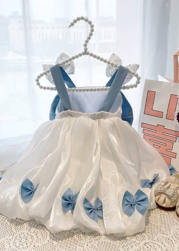 Stylish White Bow Patchwork Tulle Kids Long Dress Sleeveless